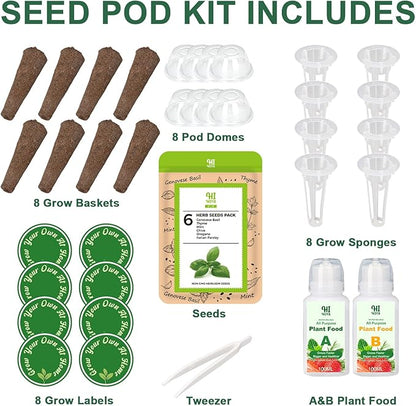 Herb Seed Pod Kit With Basil Mint Thyme Mixed, Grow Anything Seed Starter Pod Kit for Hydroponics Growing System with Plant Food, Seeds Included Genovese Basil, Italian Parsley, Oregano, Chive (8-Pod)