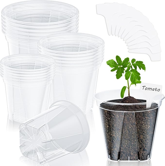 18 Pack Clear Nursery Pots for Plants, 3.9/4.7/5.5 Inch Reinforced Plastic Plant Pots with Drainage Holes High Transparency Plant Pot Seed Starter Pot High Transparency with 10 Plant Labels
