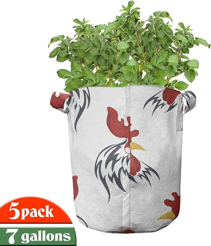 Ambesonne Rooster Grow Bags 5-Pack, Farm Animal Head Symbols, Heavyduty Fabric Pots with Handles for Plants, White Vermilion
