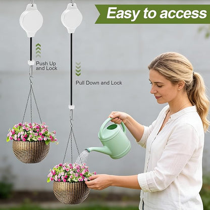 Retractable Plant Hanger with Pulley System, Effortless Raising and Lowering for Indoor and Outdoor Plants, Hanging Planters, Garden Pots & Bird Feeders (4-Pack,White)