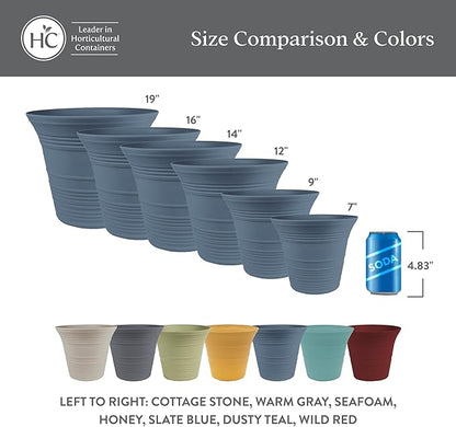 The HC Companies 14 Inch Sedona Round Self Watering Planter Pots, Lightweight UV-Resistant Plastic Indoor & Outdoor Planters, 2-Pack Flower Pots for Garden & Home Decor, Slate Blue
