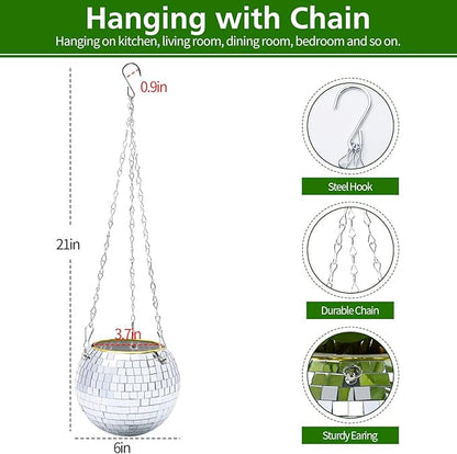 6" Disco Ball Planter, Disco Ball Plant Hanger with Hanging Rope, Hanging Chain, Hook, Circle and Extra Mirror Pieces