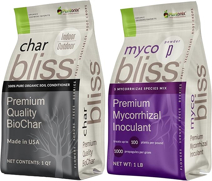 Myco Bliss Powder (1lb) + Char Bliss (1 Qt) - Mycorrhizal Fungi Inoculant & Organic Biochar for Plants - Mycorrhizal Inoculant - Mycorrhizae for Plants - Biochar Soil Amendment - Charcoal for Plants