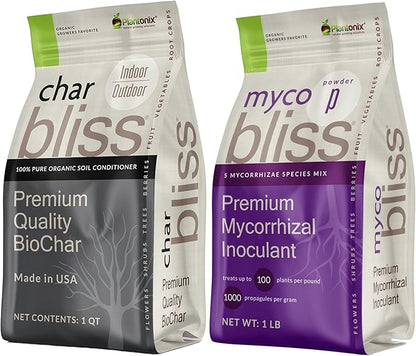 Myco Bliss Powder (1lb) + Char Bliss (1 Qt) - Mycorrhizal Fungi Inoculant & Organic Biochar for Plants - Mycorrhizal Inoculant - Mycorrhizae for Plants - Biochar Soil Amendment - Charcoal for Plants
