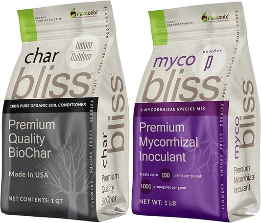 Myco Bliss Powder (1lb) + Char Bliss (1 Qt) - Mycorrhizal Fungi Inoculant & Organic Biochar for Plants - Mycorrhizal Inoculant - Mycorrhizae for Plants - Biochar Soil Amendment - Charcoal for Plants