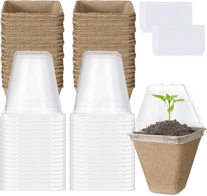 Aulock 36 Sets Plant Nursery Pots with Humidity Dome - 3in Seed Starting Pots, Square Peat Pots with 100 Labels for Garden Flowers Herbs Vegetables Seedlings