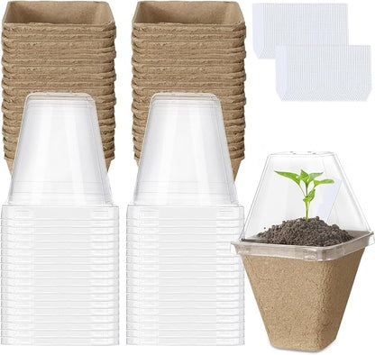 Aulock 36 Sets Plant Nursery Pots with Humidity Dome - 3in Seed Starting Pots, Square Peat Pots with 100 Labels for Garden Flowers Herbs Vegetables Seedlings