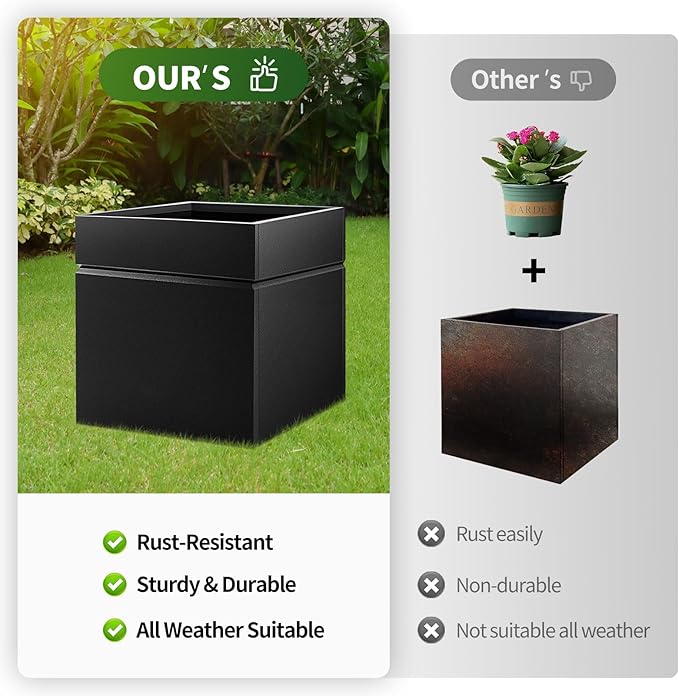 Matel Planter Box 17" L x 17" W x 18" H, Cube Heavy Duty Powder Coating Steel Planters with Drainage Hole, Indoor Outdoor All-Weather Use for Home, Porch, Patio, Hotel(Black)