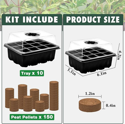 ZeeDix 10 Set Seed Starter Tray Kits, 10 Pack Seed Trays with 120 Pack Coco Coir Pellets, Adjustable Humidity Germination Tray with Dome Lids for Indoor Plants, Mini Greenhouse for Vegetables Garden