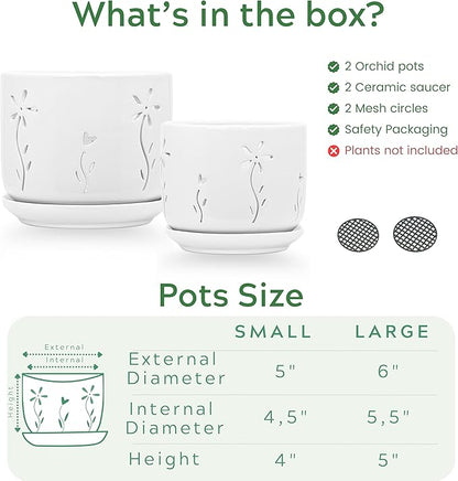 2 Pack, 5 + 6 Inch White Orchid Pots with Holes and Saucer, Ceramic Orchid Planters for Repotting with Drainage Holes and Tray, Plant Flower Pot containers for Orchid Indoor Outdoor