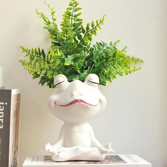 Face Planters Pots Head Yoga Frog Resin Plant Pot with Drainage Hole(White-A)