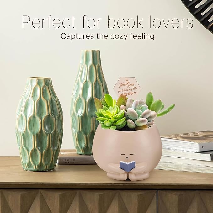 Bookworm Planter Pot - Cute Plant Pots for Succulents with Thank You Sign & Card, Small Reading Planter for Indoor Outdoor Decor, Succulent Gifts for Book Lovers, Teacher Dad Mom Appreciation