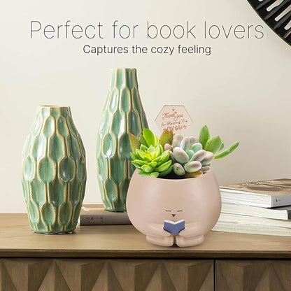 Bookworm Planter Pot - Cute Plant Pots for Succulents with Thank You Sign & Card, Small Reading Planter for Indoor Outdoor Decor, Succulent Gifts for Book Lovers, Teacher Dad Mom Appreciation