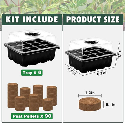 ZeeDix 6 Set Seed Starter Tray Kits, 6 Pack Seed Trays with 90 Pack Coco Coir Pellets, Adjustable Humidity Germination Tray with Dome Lids for Indoor Plants, Mini Greenhouse for Vegetables Garden