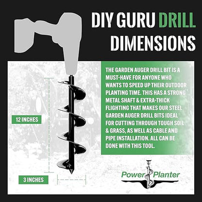Power Planter DIY Guru Garden Drill Auger Bit (3"x12") — Designed for Planting, Digging Holes, Paint Mixing, Cement Mixing and Other Home Projects — Made of Steel with a 3/8" Non-Slip Hex Drive (Pink)
