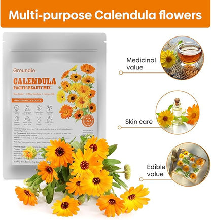 Calendula Seeds Pacific Beauty Mix, 3000+ Calendula Officinalis Seeds, Open Pollinated Non-GMO Wildflower Seed Grown in The USA, 1 Ounce