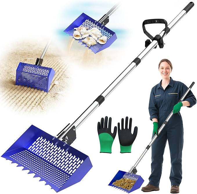 Chicken Poop Scooper, 12 Inch Large Sifting Shovel with Rake Head, 22-64" Extendable Stainless Steel Handle, 3-Angle Professional Poultry Litter Cleaner for Chicken Coop, Duck, Goat & Sand