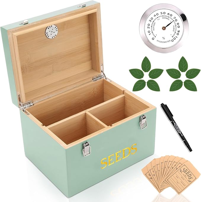 Professional-Designed Bamboo Seed Storage Box with Built-in Hygrometer, Double-Layer Airtight Lid and Safety Lock, Temperature-Stable Wooden Seed Organizer for Preservation, Great Gifts for Gardener
