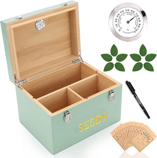 Professional-Designed Bamboo Seed Storage Box with Built-in Hygrometer, Double-Layer Airtight Lid and Safety Lock, Temperature-Stable Wooden Seed Organizer for Preservation, Great Gifts for Gardener
