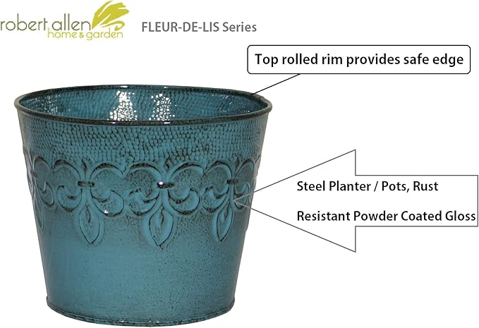 Robert Allen MPT01642 Fluer De Lis Series Metal Planter Flower Pot, 10, 8", Surf Blue