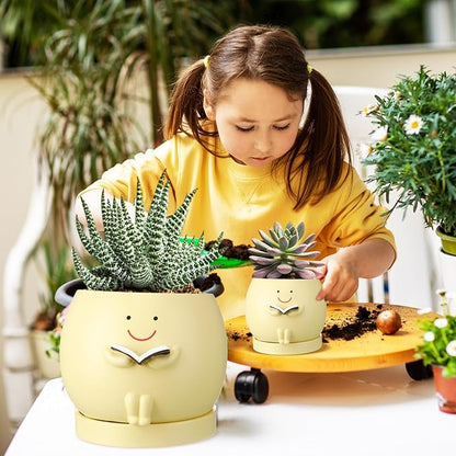 2 Pcs Smile Face Planters Pots with Drainage Hole, 6'' Head Planters 3.6'' Cute Resin Flower Pot for Indoor Plants, Succulent Pots for Plant Lover Gift(Book)