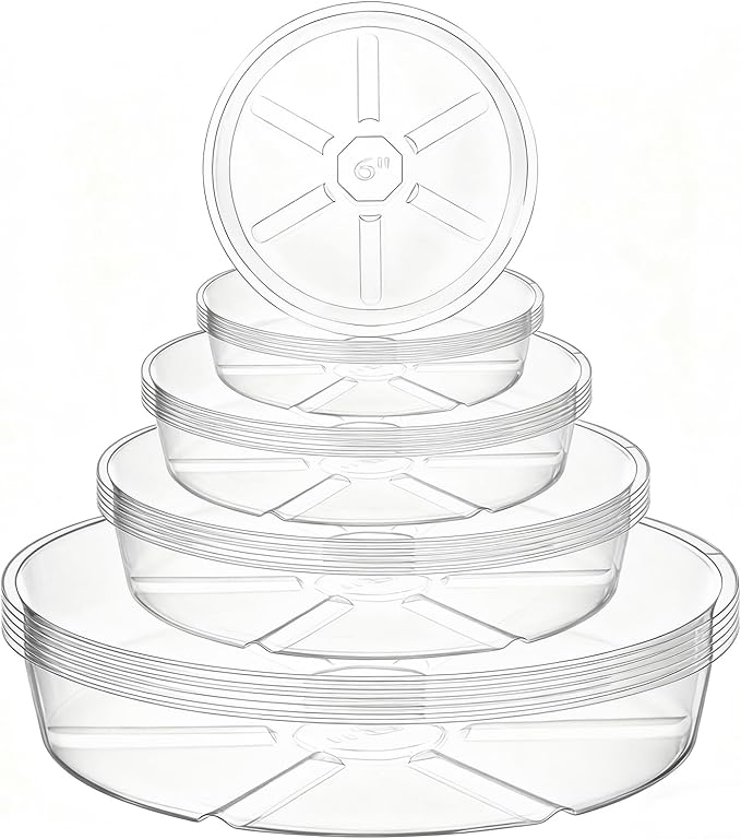 Hacaroa 24 Pack Clear Plant Saucer Drip Trays, 6/8/10/12 Inch Plastic Plant Water Catcher Trays Flower Pot Saucers for Indoor Outdoor Plants, Round, 4 Sizes