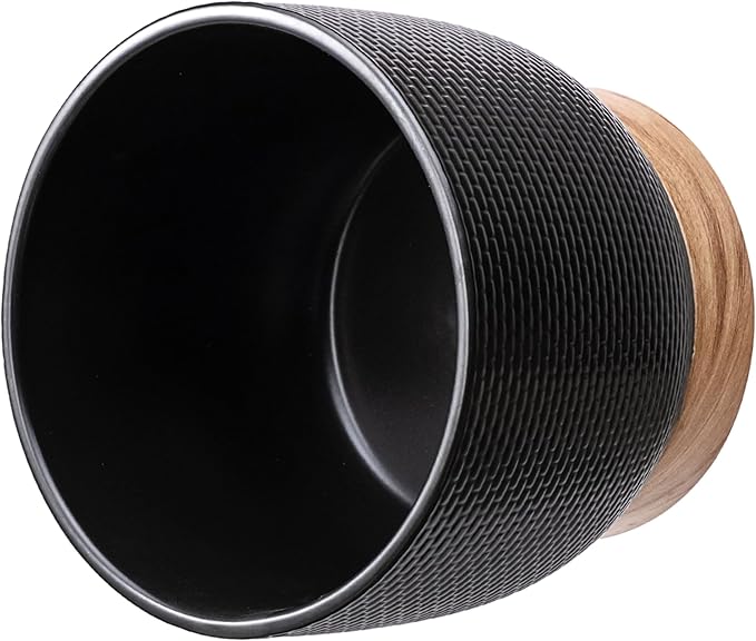 8 Inch Black Woven Ceramic Planter Pot with Wood Grain Base, Indoor Outdoor Flower Pot with Removable Drainage Hole, 3.5 Qt Capacity for Herbs, Succulents, Patio & Home Decor