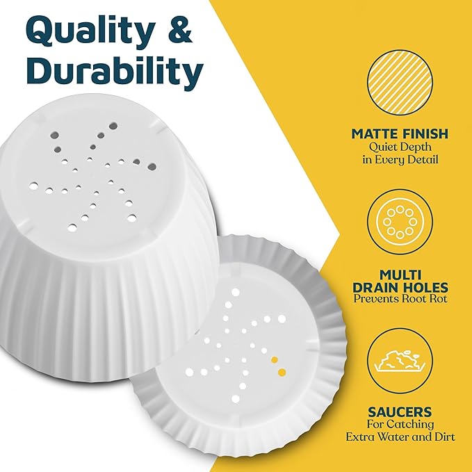 White 6-Inch Plant Pots with Drainage & Saucers 12 Pack, Indoor & Outdoor Planters for Houseplants, Herbs, and Flowers, Durable & Weatherproof Material, Stackable, Lightweight, Minimalist Design