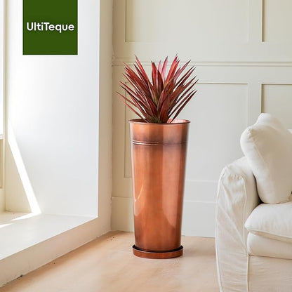 28in Tall Copper Planters Set of 2,Galvanized Steel Tall Outdoor Planter for Indoor/porches- Copper Color(2planters,2inner pots with Holes,2trays)