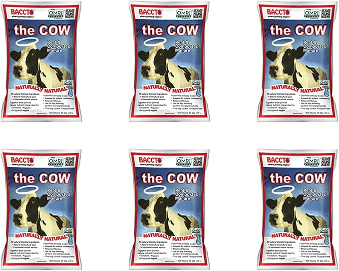 Michigan Peat Baccto 1640 Wholly Cow Horticultural Compost and Manure for Soil Amendment, Lawn Care, Garden Beds, and More, 40 Quart Bag (6 Pack)
