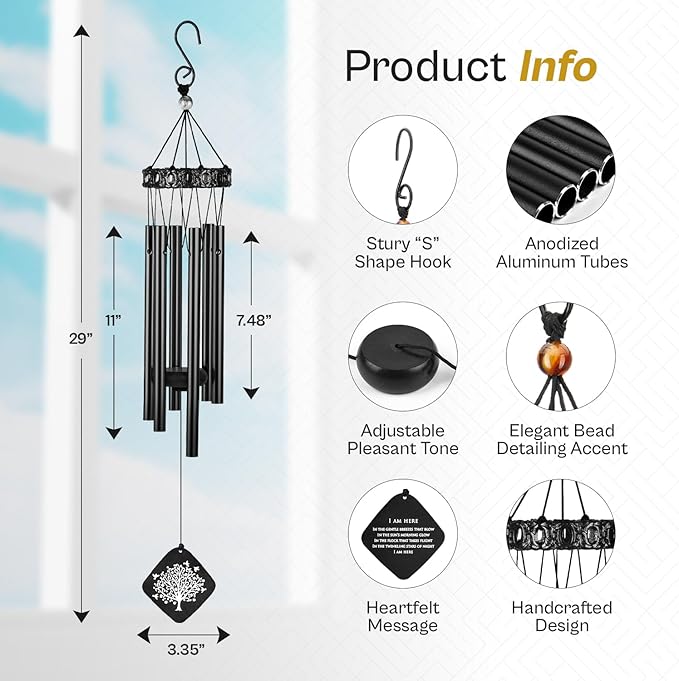 Sympathy Wind Chimes I Tree of Life Wind Chime I Funeral Wind Chimes Sympathy I Bereavement Gift for Loss of Father, Mother, Wife, Husband I Condolence Remembrance Gift I 29" Black