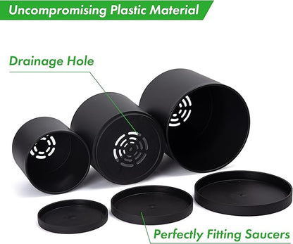 D'vine Dev 4 Inch 5 Inch 6 Inch, Set of 3 Plastic Planter Pots for Plants with Drainage Hole and Seamless Saucers, Black Color, Small, 74-V-B-1