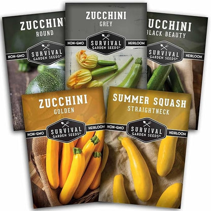 Survival Garden Seeds Zucchini & Squash Collection Seed Vault - Non-GMO Heirloom Seeds for Planting Vegetables - Assortment of Golden, Round, Grey, Black Beauty Zucchinis, Straight Neck Summer Squash