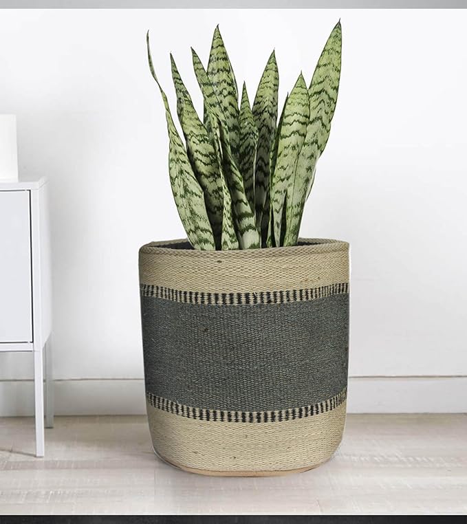 Sturdy Jute Planter Basket Modern Woven Basket for 8" Indoor Planters, 10” x 10” Storage Organizer Basket Rustic Home Decor, Storage Earth-friendly Cotton Planter (10x10 Inches, turquoise Stripe)