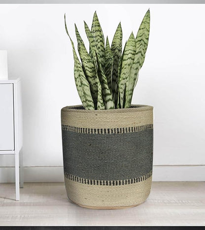 Sturdy Jute Planter Basket Modern Woven Basket for 8" Indoor Planters, 10” x 10” Storage Organizer Basket Rustic Home Decor, Storage Earth-friendly Cotton Planter (10x10 Inches, turquoise Stripe)