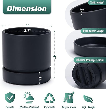 Phoenix Vine 4 Inch Planter Pot with Drainage Hole & Saucer, Deep Water Catch Tray, Straight Cylindrical Round Pot for Plants, Matte Black, Pack of 3, 23-C-R-3