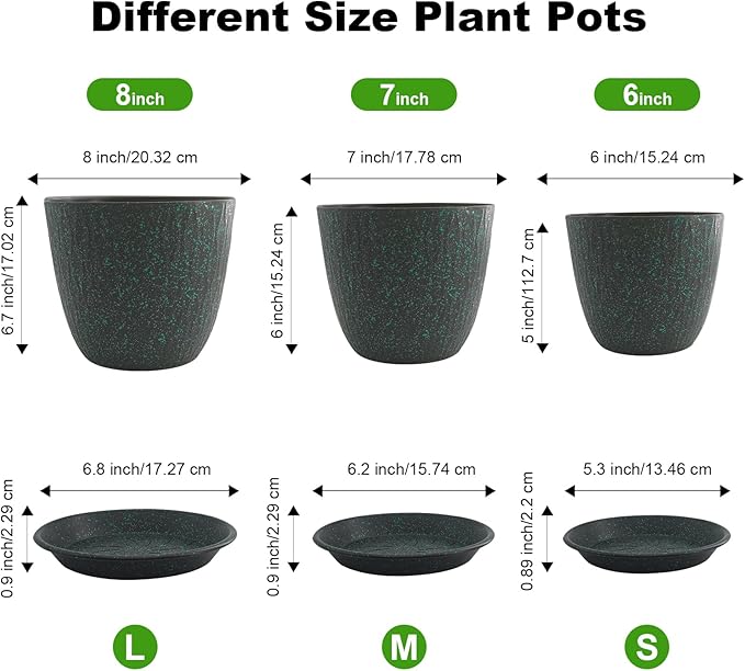 8/7/6 inch Plant Pots, 3 Pack Flower Pots for Outdoor Indoor Garden Plants, Large Planters with Multi Mesh Drainage Holes and Saucer (Black with Green Speckles, 8"+7"+6")