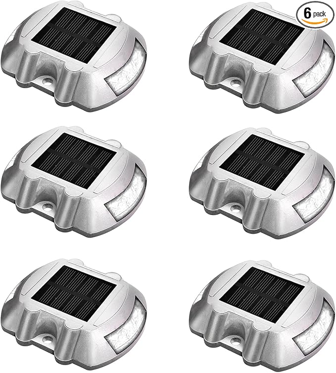 JIGUOOR Solar Deck Lights LED Driveway Lights Solar Powered Dock Light Outdoor IP68 Waterproof Road Markers for Step Sidewalk Stair Boat Garden Ground Pathway Yard (White, 6 Pack)