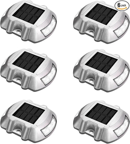 JIGUOOR Solar Deck Lights LED Driveway Lights Solar Powered Dock Light Outdoor IP68 Waterproof Road Markers for Step Sidewalk Stair Boat Garden Ground Pathway Yard (White, 6 Pack)