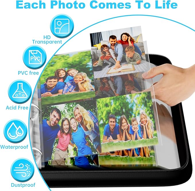 DocSafe Photo Album 4x6 400 Pockets,Fireproof Photo Book with 100 Plastic Sleeves,Large Capacity Binder Protect Family Wedding Anniversary Baby Vacation Pictures,Zipper Closure,2-Inch O-Rings,Black
