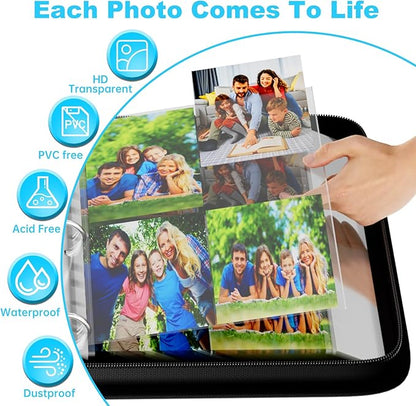 DocSafe Photo Album 4x6 400 Pockets,Fireproof Photo Book with 100 Plastic Sleeves,Large Capacity Binder Protect Family Wedding Anniversary Baby Vacation Pictures,Zipper Closure,2-Inch O-Rings,Black