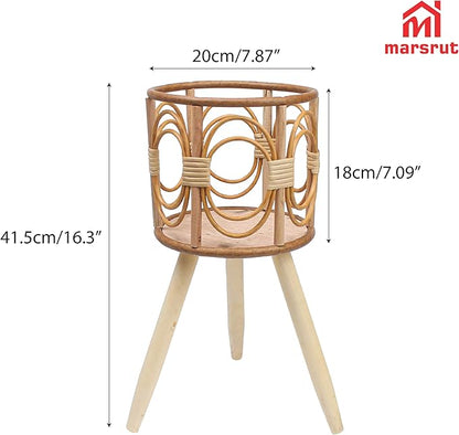 Rattan Plant Stand, Wicker Plants Baskets Indoor, Small, Cute Handmade Woven Wooden Planter with Legs, Boho Style Hollow Flowers Display Rack Straw Standing Floor Stool Shelf for Pot Holder Outdoor Decorations