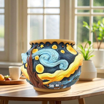 Starry Night Flower Pot – Fancy Theme Planter for Indoor & Outdoor Plants, Hand-Painted Plant Pot with Drainage Hole, Pretty Pot for Artificial or Real Plants, 6.8" Wide
