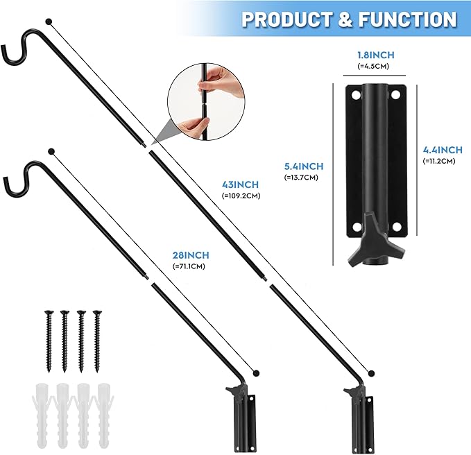 ERYTLLY Extended Reach Deck Hook Wall Pole Wall Mounted, Extensible and Adjustable 28 inch to 43 inch Bracket for Hanging Bird Feeder,Plants,Wind Chimes,Lanterns