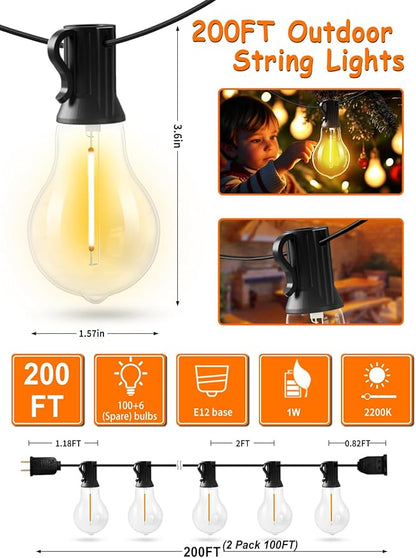 200FT Outdoor Lights with 106 Shatterproof Bulbs(6 Spare), IP45 Waterproof Outside String Lights, Patio String Lights Hanging for Party, Yard, Porch, Bistro, 2200K Adjustable Warm White Light
