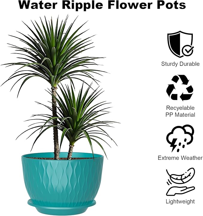 12 inch Large Plant Pots, Flower Pots with Multi-Mesh Drainage Holes and Saucer, Plastic Planters for Indoor and Outdoor Garden Plants (Black-Green, 12")