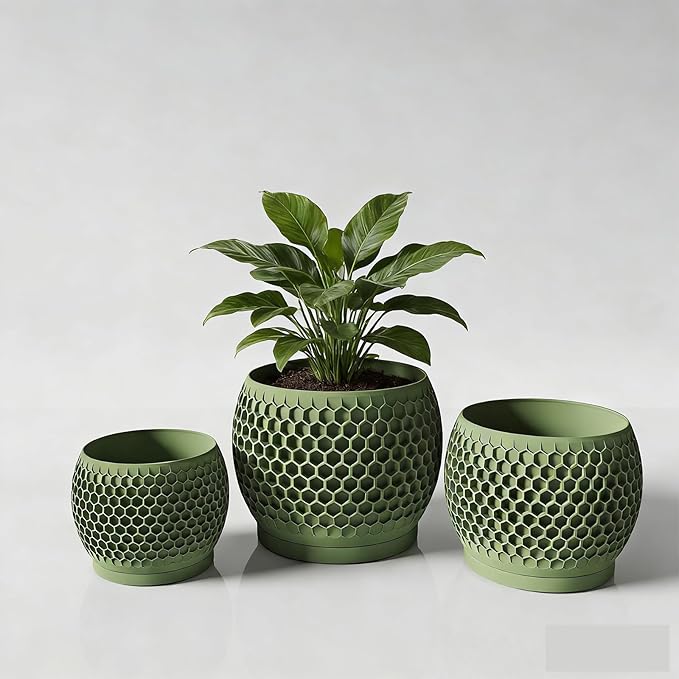 Plant Pots, Modern 3D Printed Honeycomb Planters for Indoor Plants, 4.7/6/8 Inch Military Green Decorative Flower Pot for Office Desktop, Bookshelf & Home Decor, Lightweight & Durable