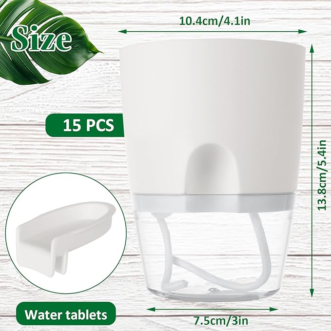 15 PCS 4 Inch Self Watering Pots for Indoor Plants Small Self Watering Planter with Self Watering Wick White Clear Plastic African Violet Pots Self Watering Plant Pot for Indoor House Plants