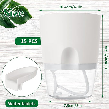 15 PCS 4 Inch Self Watering Pots for Indoor Plants Small Self Watering Planter with Self Watering Wick White Clear Plastic African Violet Pots Self Watering Plant Pot for Indoor House Plants