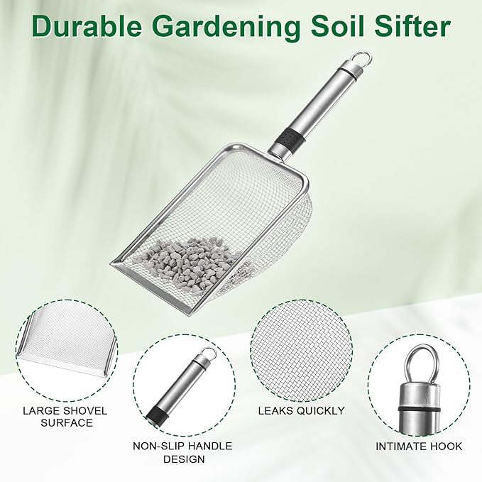 1-Pack Gardening Soil Sifter, 3.3 mm Mesh Stainless Steel Sand Soil Compost Sieve with Stainless Steel Handle for Sand/Dirt/Rock Compost [Silver Tone]